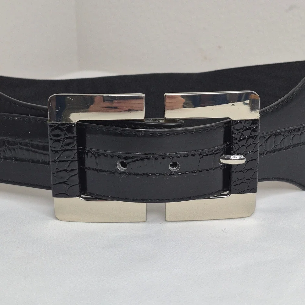 White House Black‎ Market Black Wide Elastic Waist Cincher Belt Silver Buckle M